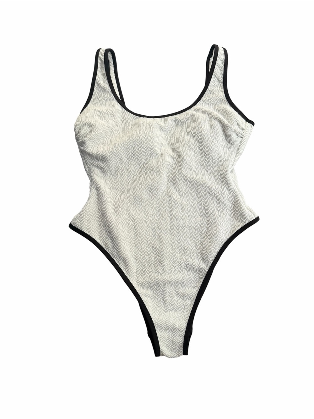 No Boundaries White Textured One Piece Swimsuit Black Trim High Cut Large 12-14